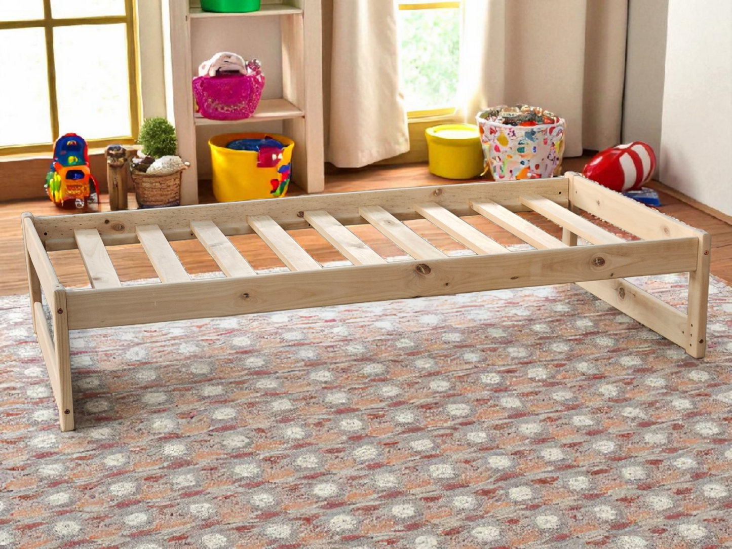 Wooden bed frame in a room with toys and furniture