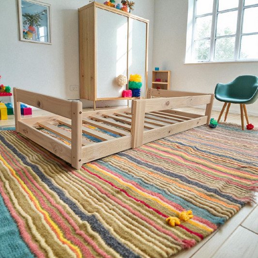 Children's room with a wooden bed, colorful rug, and toys.