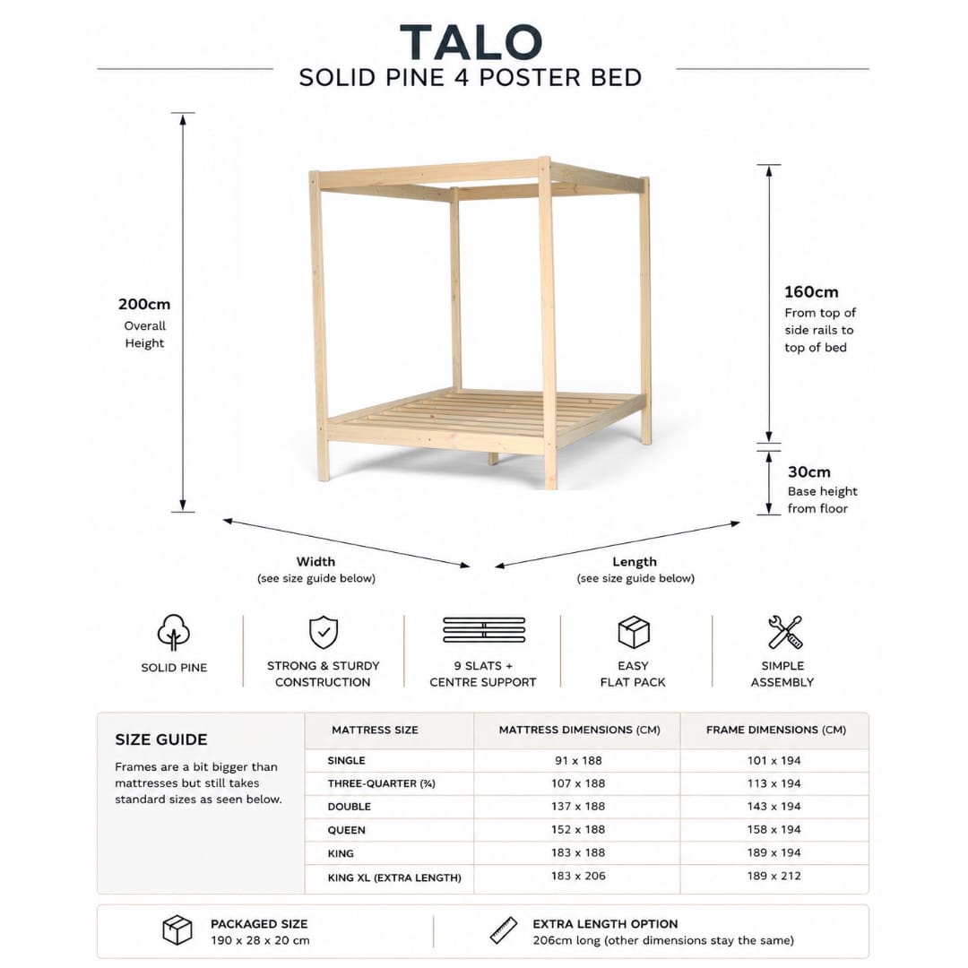 Talo 4 Poster Solid Pine Bed 🪵🛌