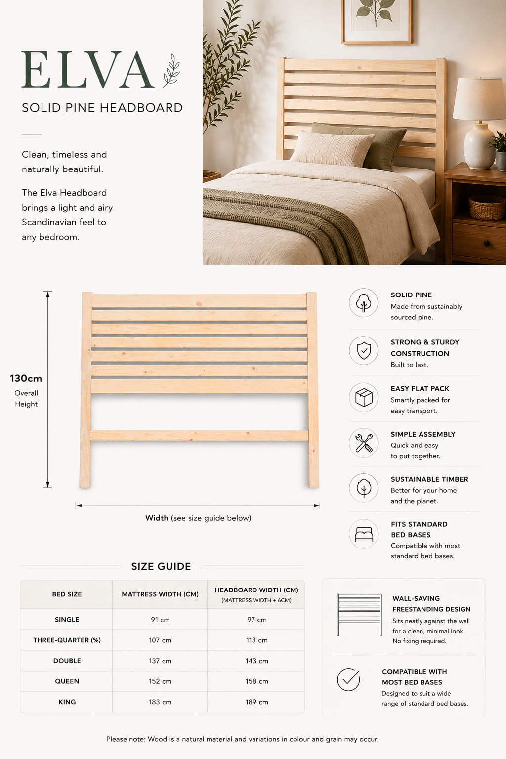 Elva Solid Pine Headboard 🌿🪵