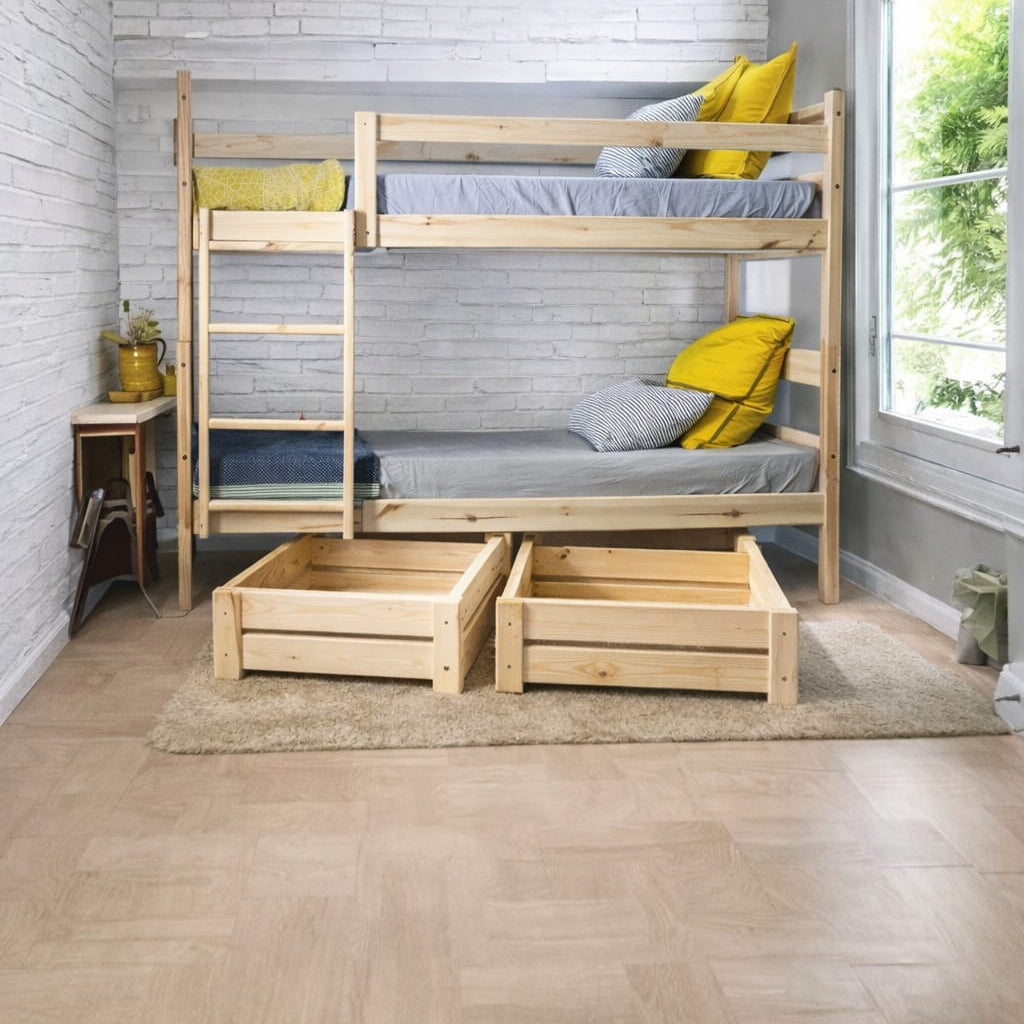 Wooden bunk bed with storage trundles in a room with a window and desk.