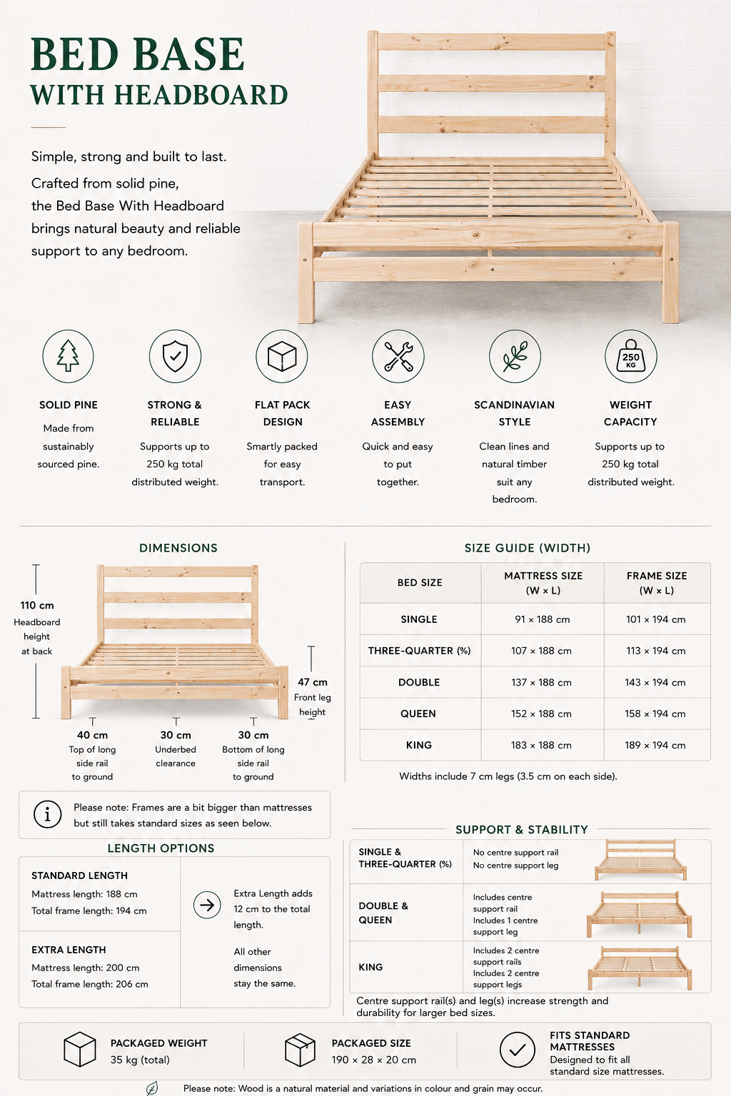 Knysna Pine Bed Base with Headboard