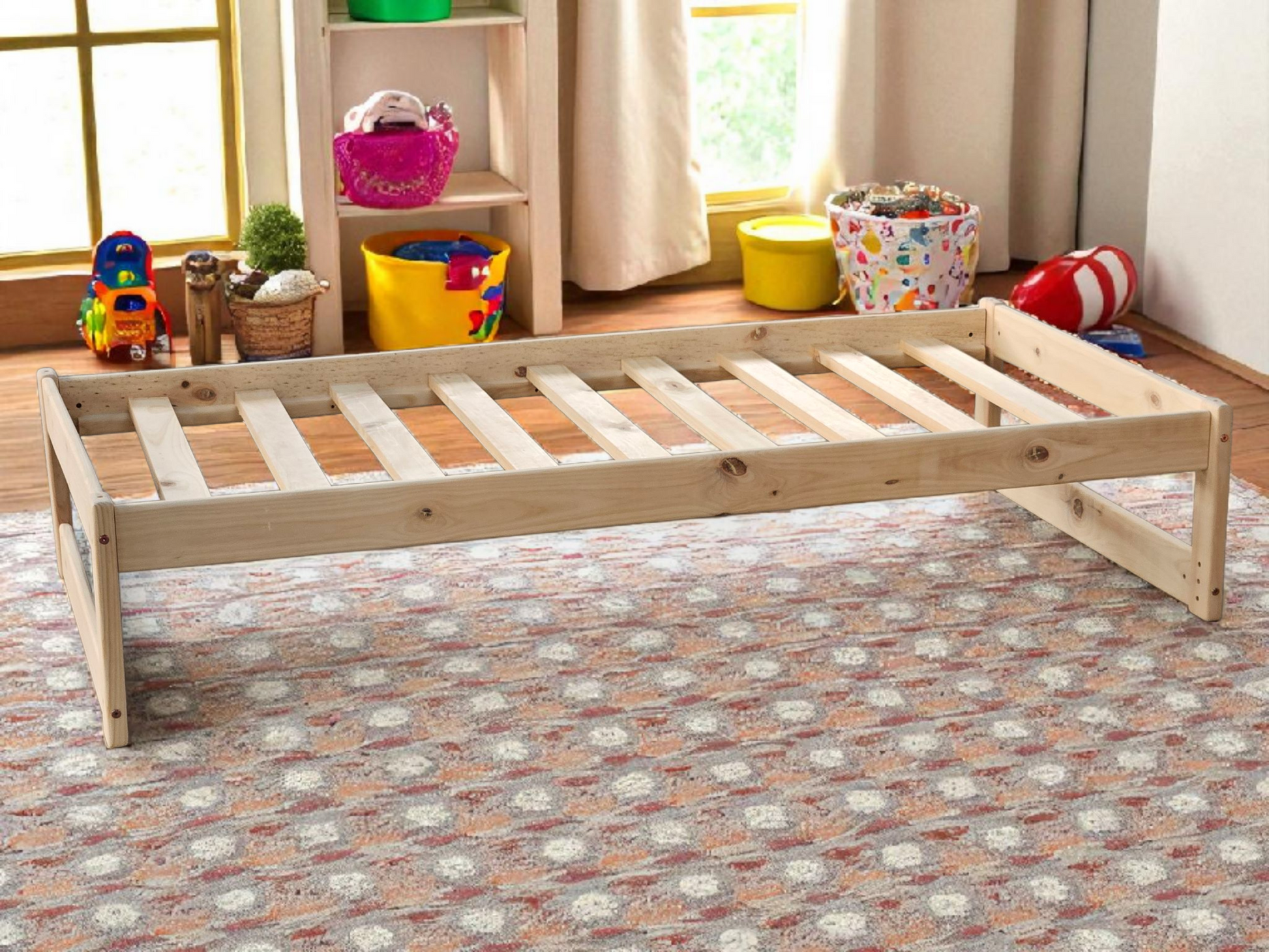 Wooden bed frame in a room with toys and furniture